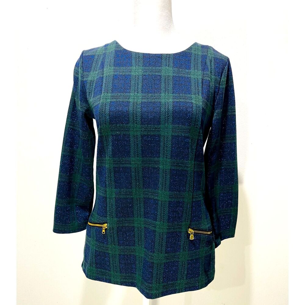 Talbots blouse tartan green plaid preppy business casual office women's XS